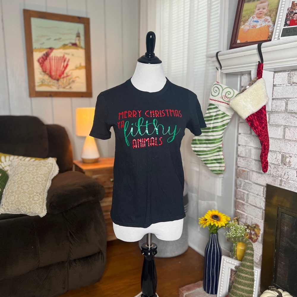 Anvil Black Holiday T-Shirt with Red and Green Design